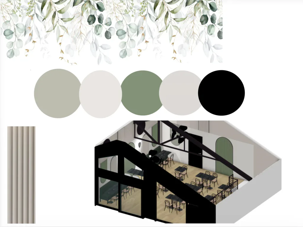 Planche d’ambiance avec feuillage, palette vert et noir et vue 3D du salon de thé