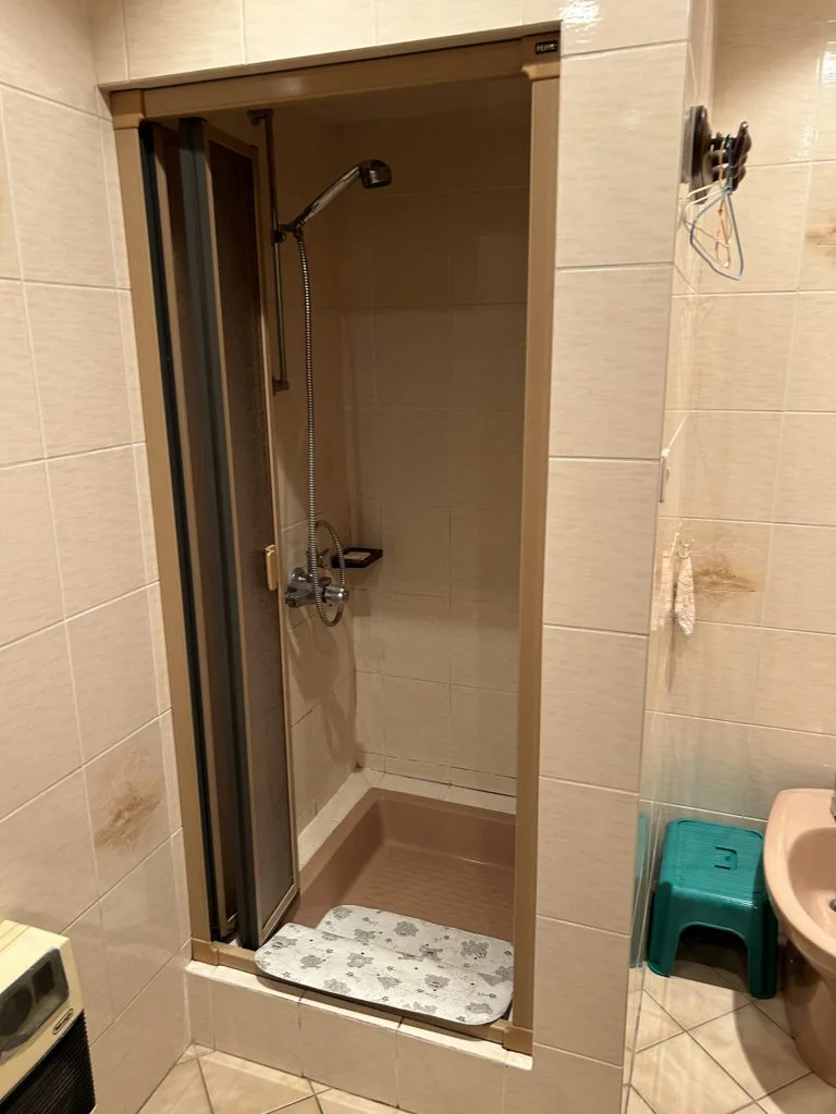 Ancienne douche dans un espace carrelé avec porte pliante