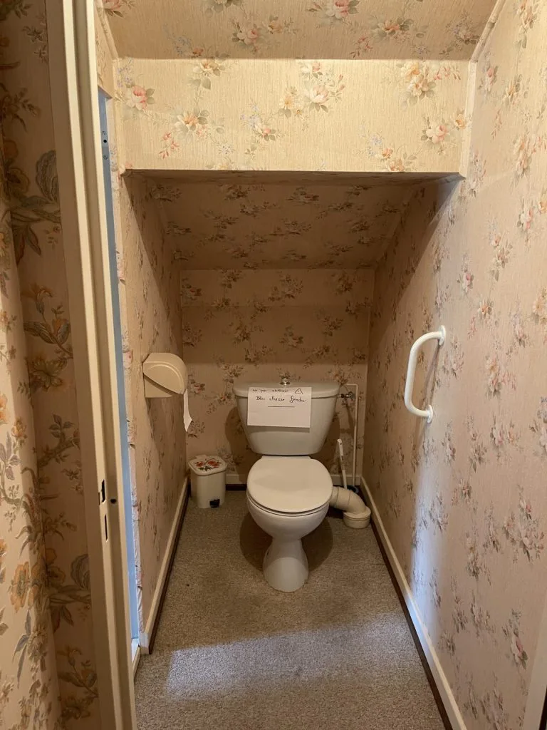 Toilettes avant rénovation sous pente, avec papier peint floral