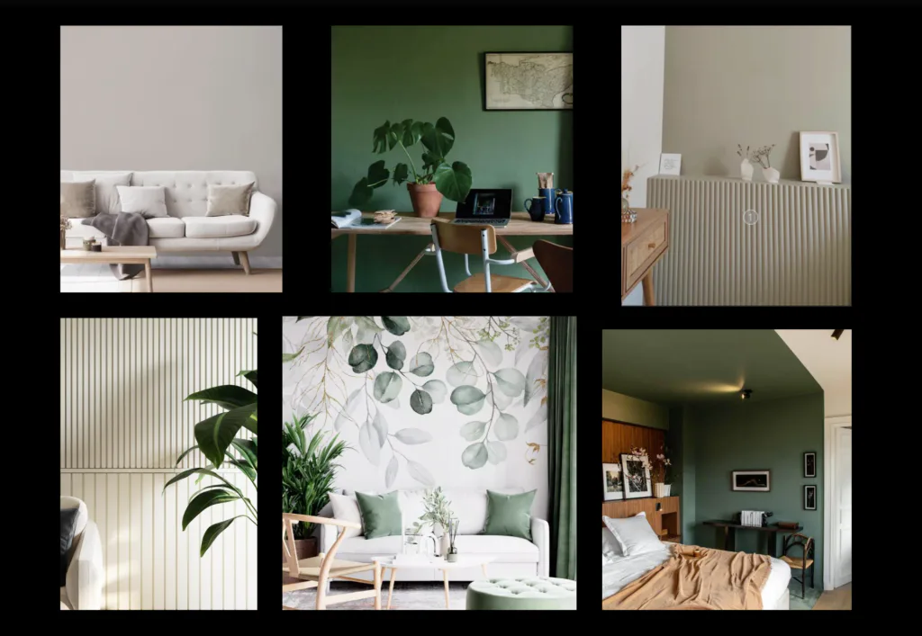 Planche d’inspiration pour le salon de thé, mêlant végétation, mobilier clair et murs verts