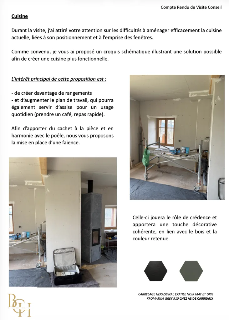 Compte rendu de visite conseil présentant des photos de la cuisine et des propositions d’aménagement