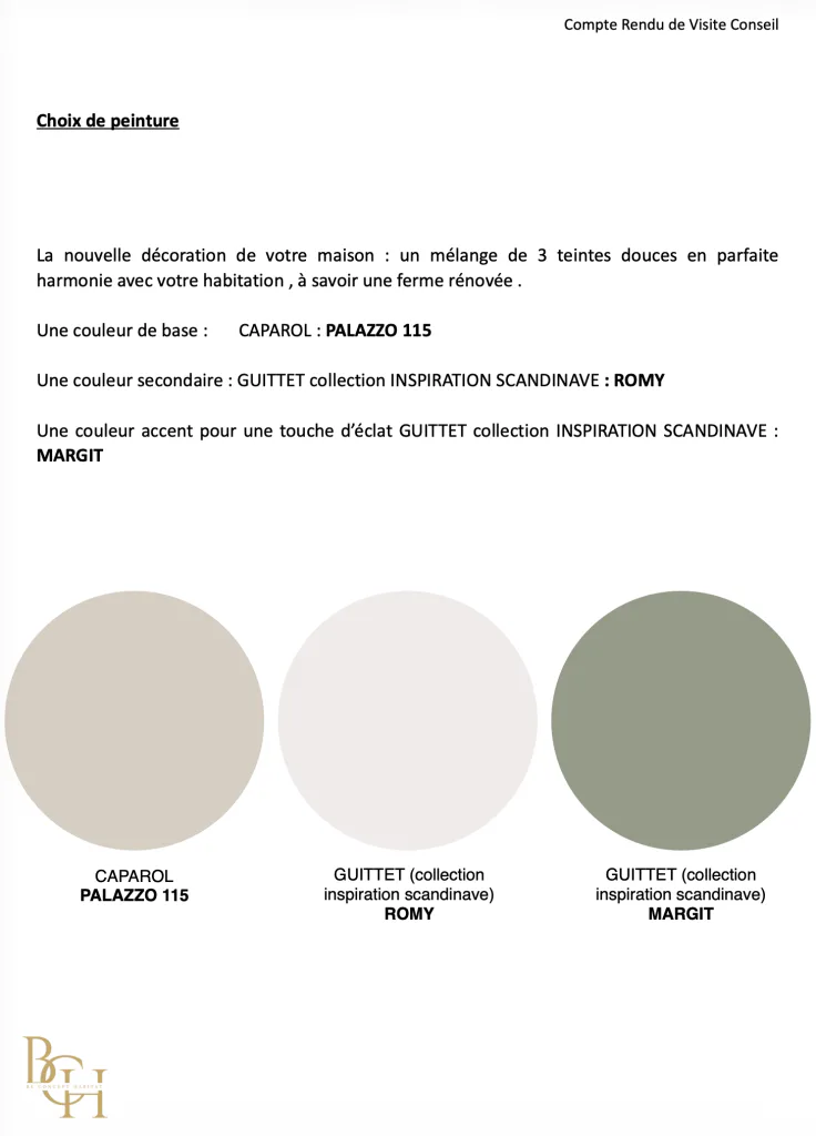 Palette de trois teintes de peinture proposée dans un compte rendu de visite conseil