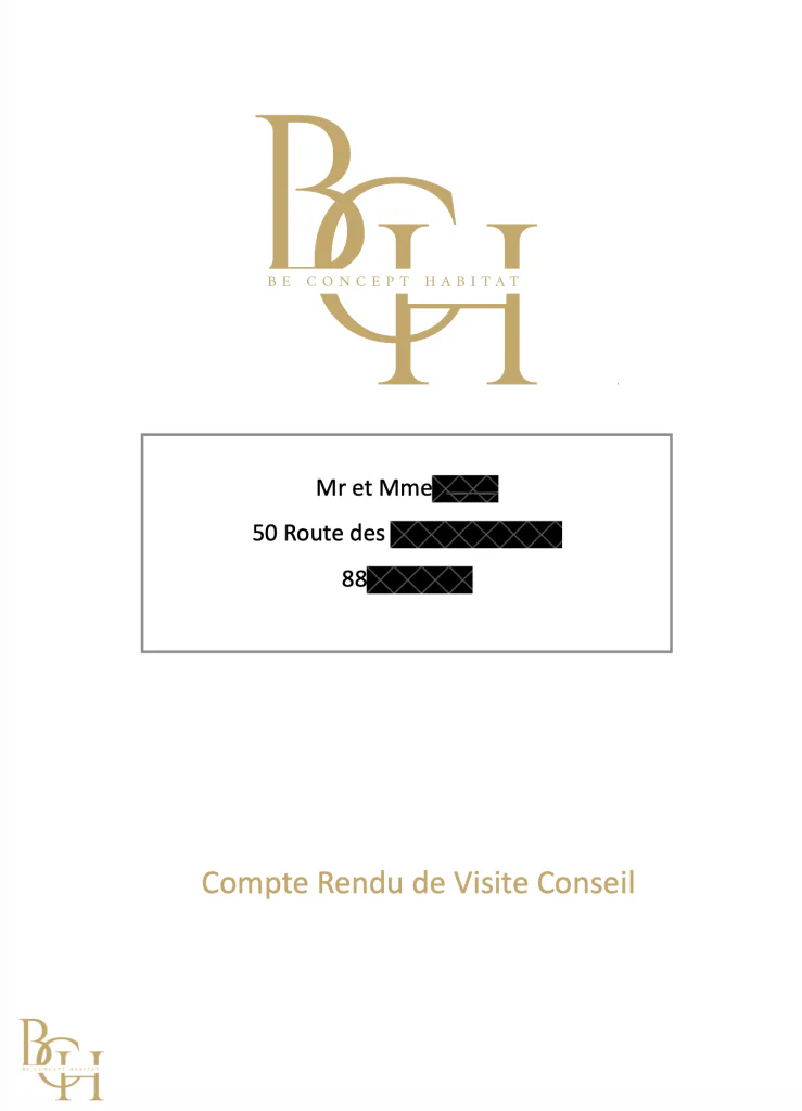 Couverture d’un compte rendu de visite conseil avec coordonnées des clients masquées