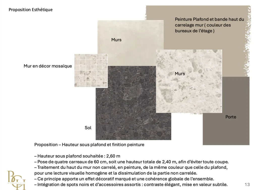 Planche de matériaux pour les sanitaires : mosaïque claire, carrelages gris, peinture et revêtement de sol