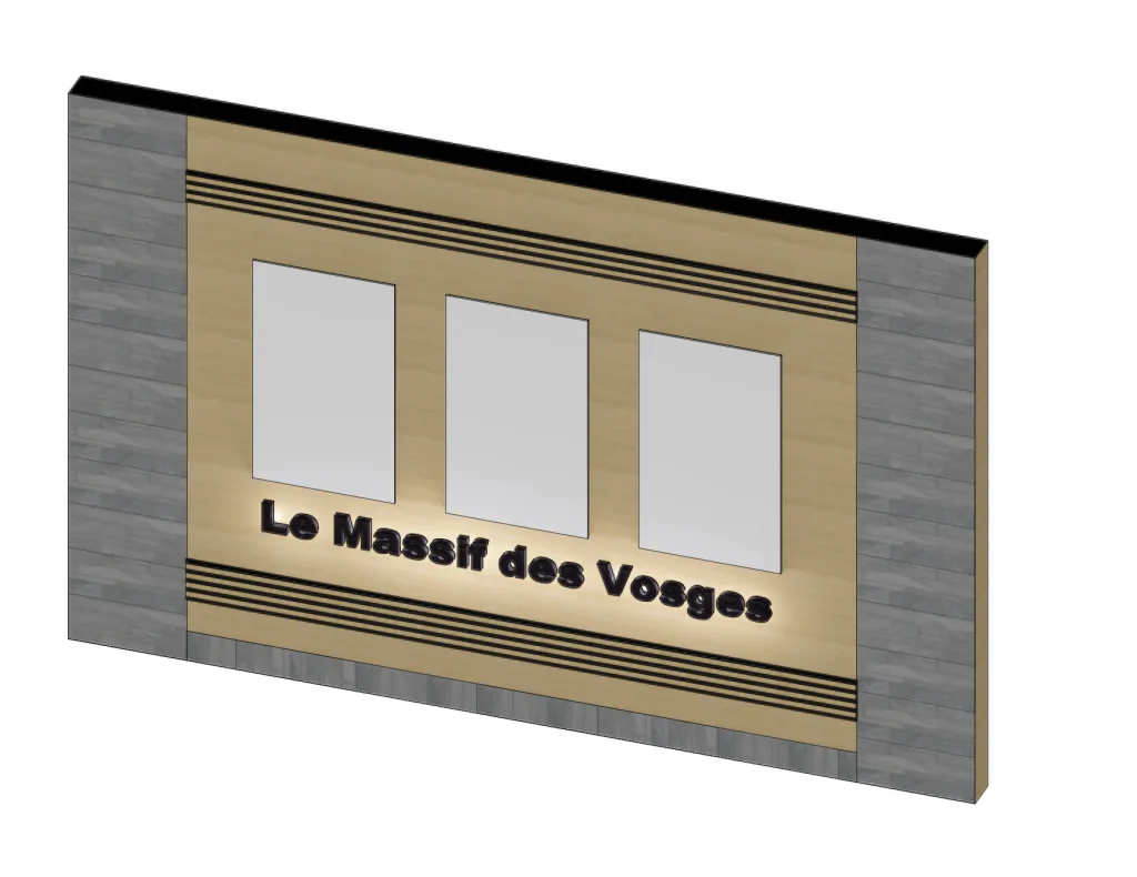 Vue 3D d’un panneau décoratif « Le Massif des Vosges », encadré de parement gris et de lignes noires