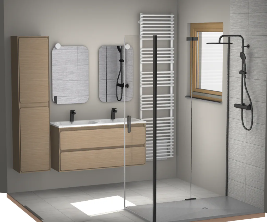 Perspective 3D d’une salle d’eau avec double vasque, douche vitrée et colonne en bois