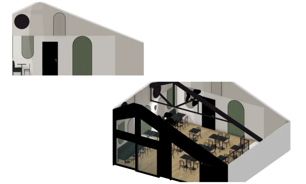 Vues 3D du salon de thé avec arche verte, garde-corps noirs et tables à l’étage