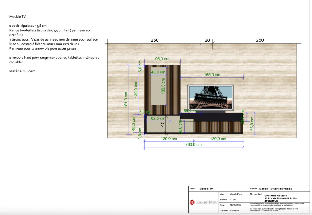 Plan coté du meuble télévision sur mesure avec rangements et panneau mural décoratif