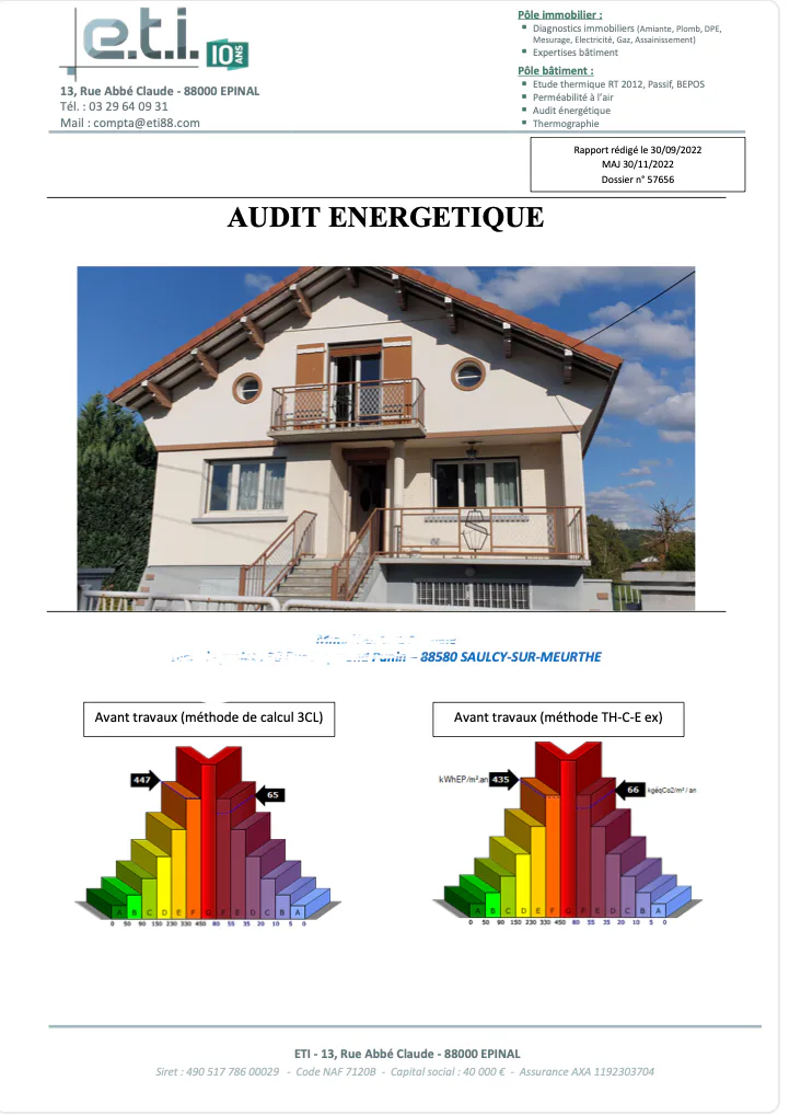 Page d’un audit énergétique avec photographie de la maison et diagrammes avant et après travaux