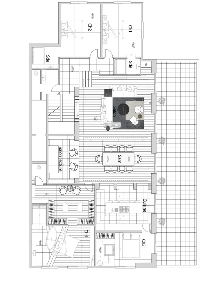Plan coté de l’appartement avec implantation du mobilier et circulation