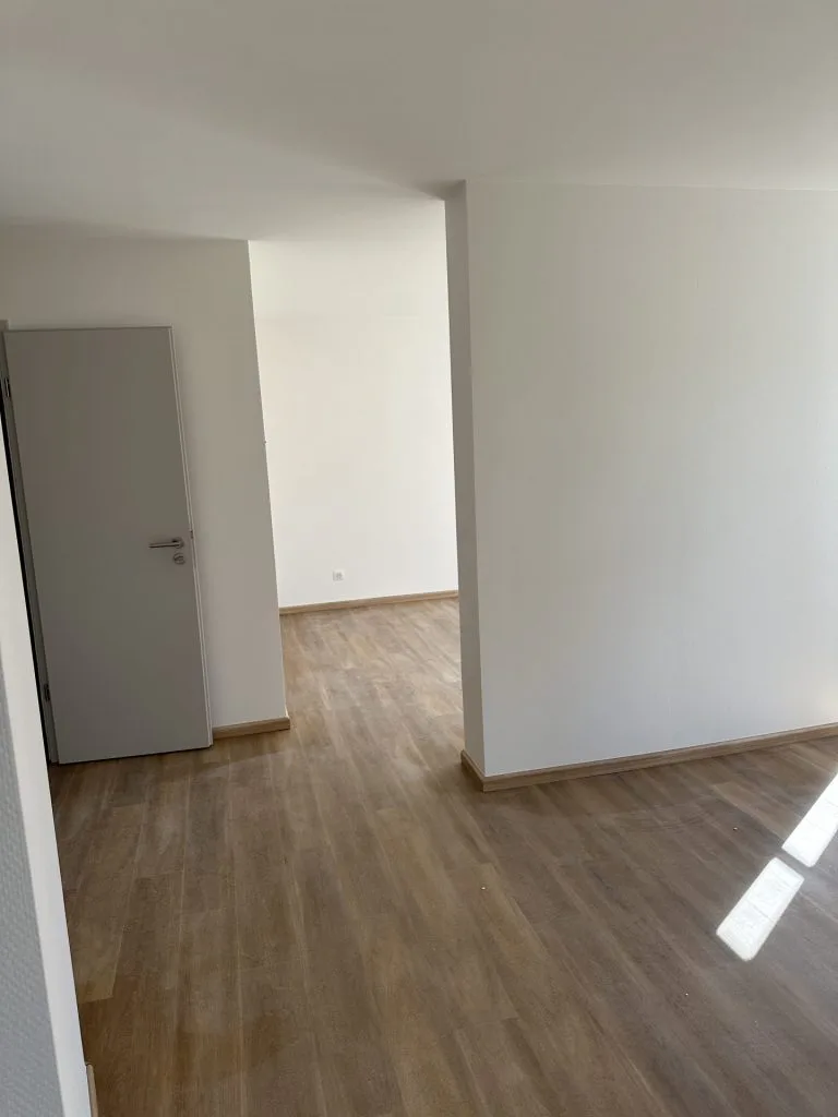 Passage entre deux pièces rénovées aux murs blancs et au sol imitation bois