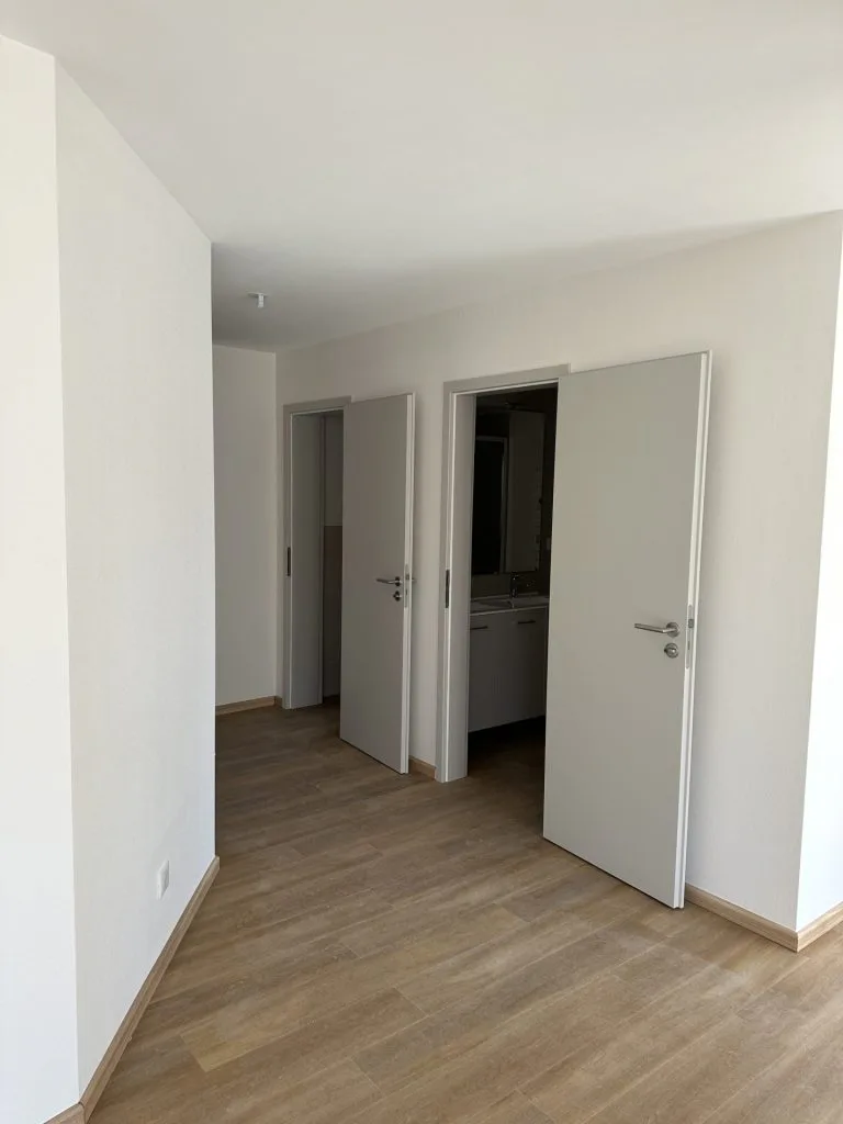 Circulation d’un appartement rénové avec portes blanches et sol imitation bois