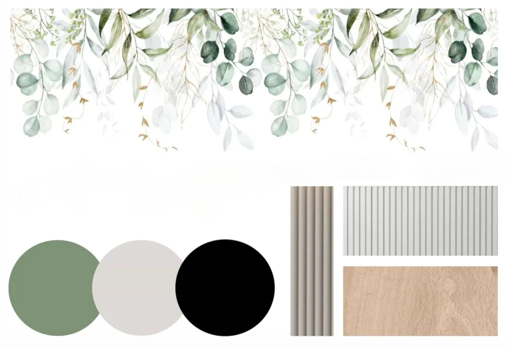 Planche de matériaux associant papier peint végétal, vert sauge, noir et textures bois