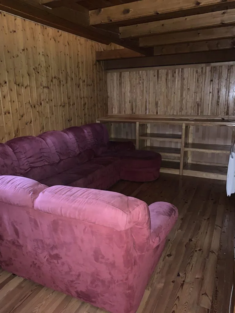 Salon avant rénovation avec canapé mauve et lambris en bois