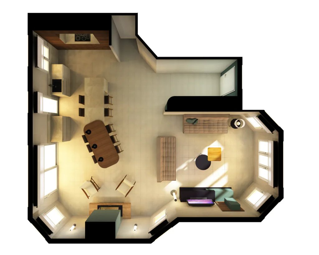 Vue 3D en plan de l’aménagement d’une pièce de vie avec salon et salle à manger