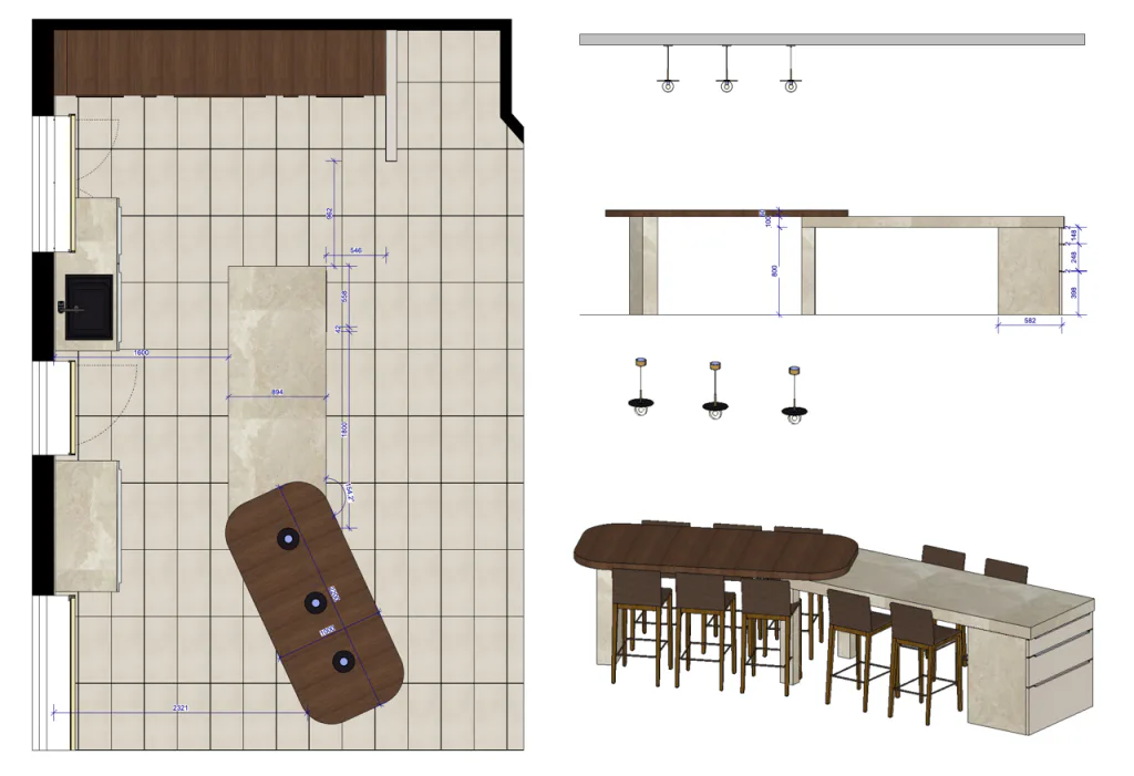 Plan coté, élévations et perspective 3D d’une table de repas et de rangements sur mesure