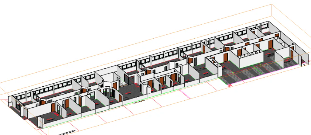 Plan 3D en coupe des bureaux et circulations de la galerie marchande